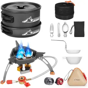 Camping Cookware Mess Kit with 7200W Camping Stove, 14PCS Non-Stick Camping Pot Pan Set with Stainless Steel Fork Knive Spoon for Camping Backpacking Hiking Outdoor Cooking and Picnic WADEO