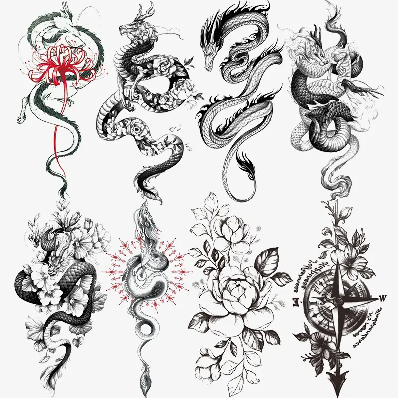 8 Sheets Totem Peony Temporary Tattoo Stickers, Arm Temporary Tattoos, Waterproof Long-Lasting Designs with Dragon Snake Compass, Easy Apply & Remove, Waterproof Temporary Tattoos, Fake Tattoos