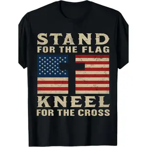 MENChristian Patriotic "Stand for the Flag Kneel for the Cross" T-Shirt - Distressed American Flag & Cross Design,