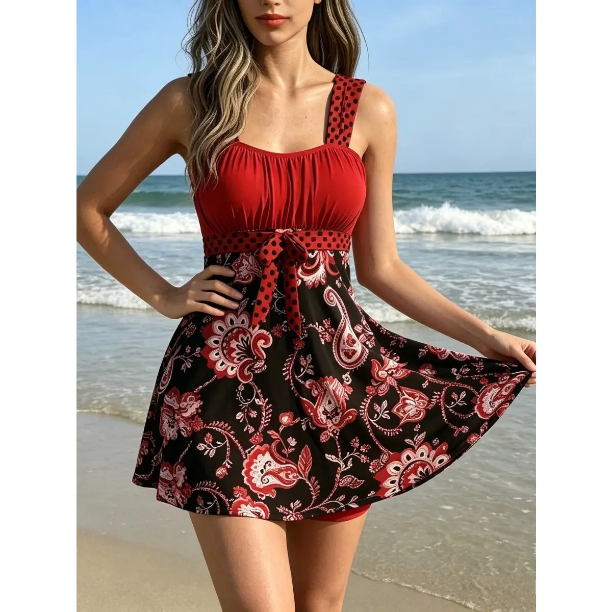 Women's Modest Swim Dress, Red Top with Polka Dot Straps,Floral Paisley Print with Polka Dot Bow Waist, Sleeveless One-Piece Bathing Suit for Women, Perfect for Beach, Pool & Resort Wear