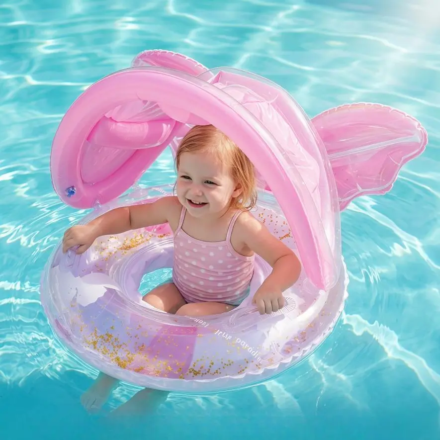 Baby Pool Float with Canopy, Inflatable Mermaid Swim Ring for Infant Toddler 0-4 Years, Sun Protection Water Toy for Summer Beach & Pool