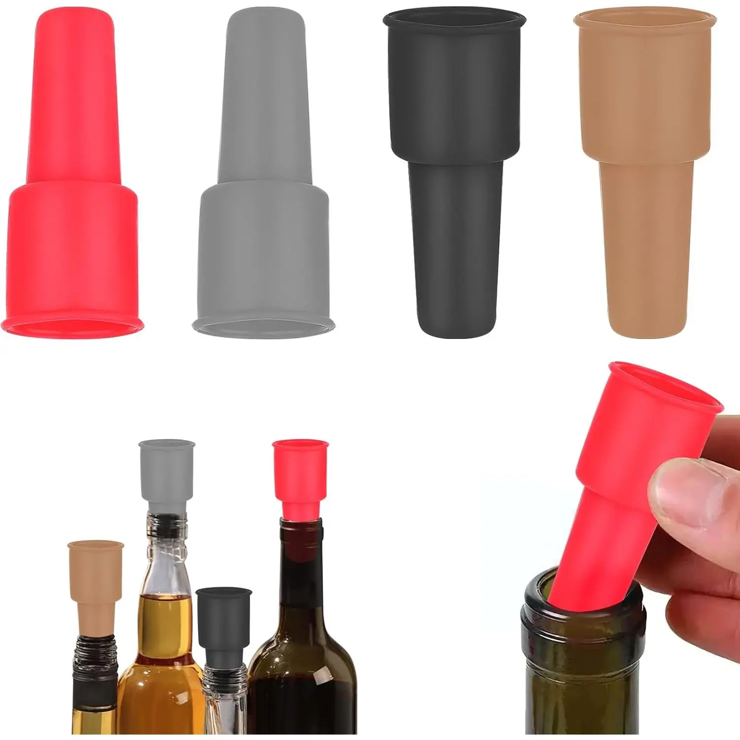 4 Pack Wine Stoppers – Soft Silicone Bottle Sealer with Grip Top, Reusable Beer & Beverage Bottle Cover, Wine Saver for Keeping Wine & Champagne Fresh, Airtight Leak-Proof Design, Easy to Insert & Remove, Essential Bar Accessory