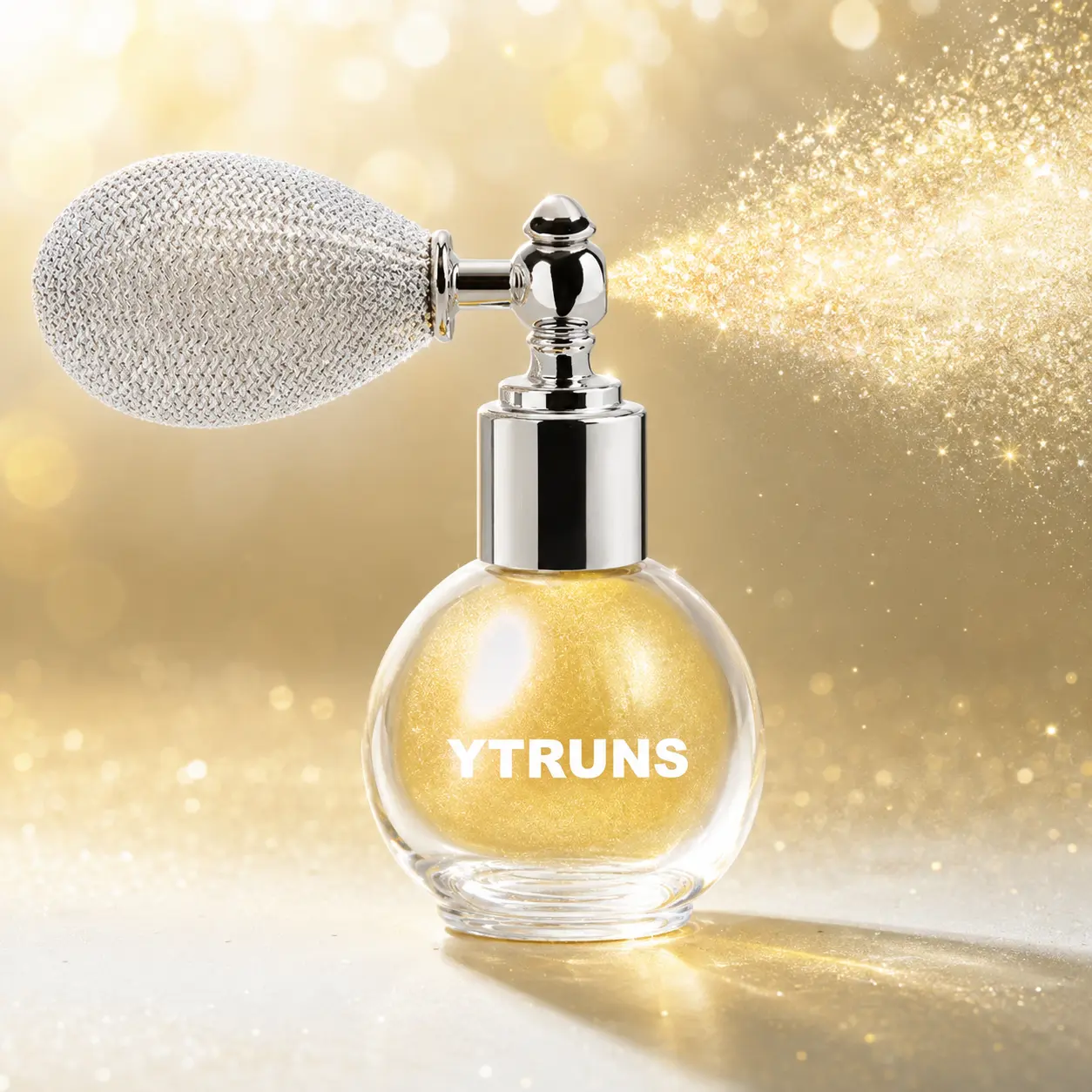 YTRUNS Gold Shimmer Powder Spray Body Glitter Highlighter Sparkling Glow Mist with Vintage Airbag Atomizer for Hair Body Face Festival Party Makeup Cosplay Dance Stage Carnival & Holiday Looks