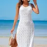 Charmo Women's V-Neck Acrylic Lace Crochet Mesh Cut-Out High-Slit Sleeveless Beach Cover Up - Resort Beachwear, S-XL Swimwear Coverup, Birthday Gift Option