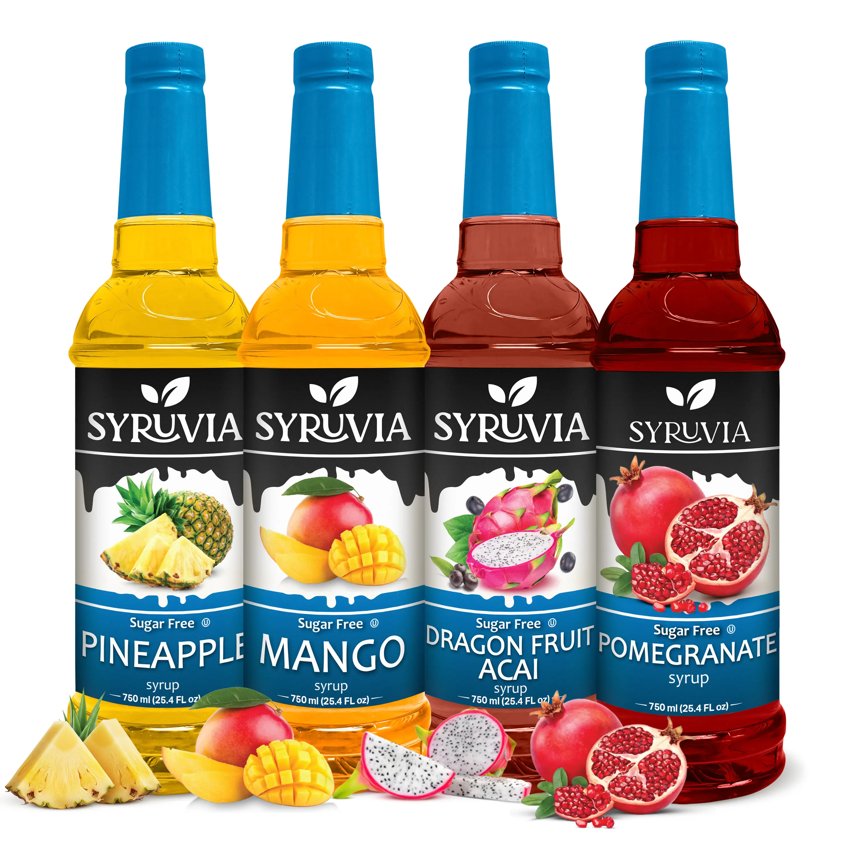 Syruvia Sugar-Free Tropical Syrups & Concentrates Variety Pack - Pineapple, Mango, Dragon Fruit, Pomegranate - Gluten-Free, Kosher, 25.4 fl oz Bottles (Pack of 4) - Great for Coffee, Cocktails