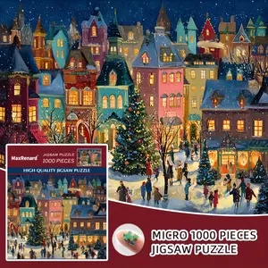 1000pcs Christmas Jigsaw Puzzle, Creative Puzzle Winter Scene with Snowy Street, Colorful Houses, Christmas Trees - Advanced Puzzle for Adults & Families - Includes Letter-Partitioned Backboard, Plastic Box & A4 Poster - Christmas Gift for Puzzle Lovers
