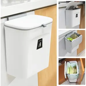 2.4 Gallon Kitchen Compost Bin for Counter Top or Under Sink, Hanging Small Trash Can with Lid for Cupboard/Bathroom/Bedroom/Office/Camping, Mountable Indoor Compost Bucket, White