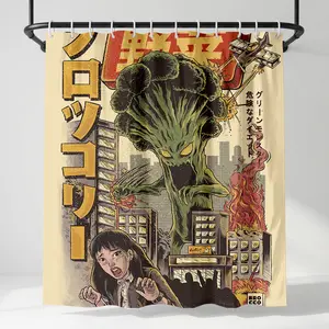 Funny Broccoli Monster Shower Curtain, Vintage Kaiju Movie Poster Art, Quirky Retro City Scenery Aesthetic Bathroom Decor, Decoration