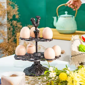 Sungmor Heavy Duty Cast Iron Eggs Holder Countertop Decor - Kitchen & Dining Room Organization Egg Storage Display Rack - Vintage Dark Brown Color & Rooster Shaped Design