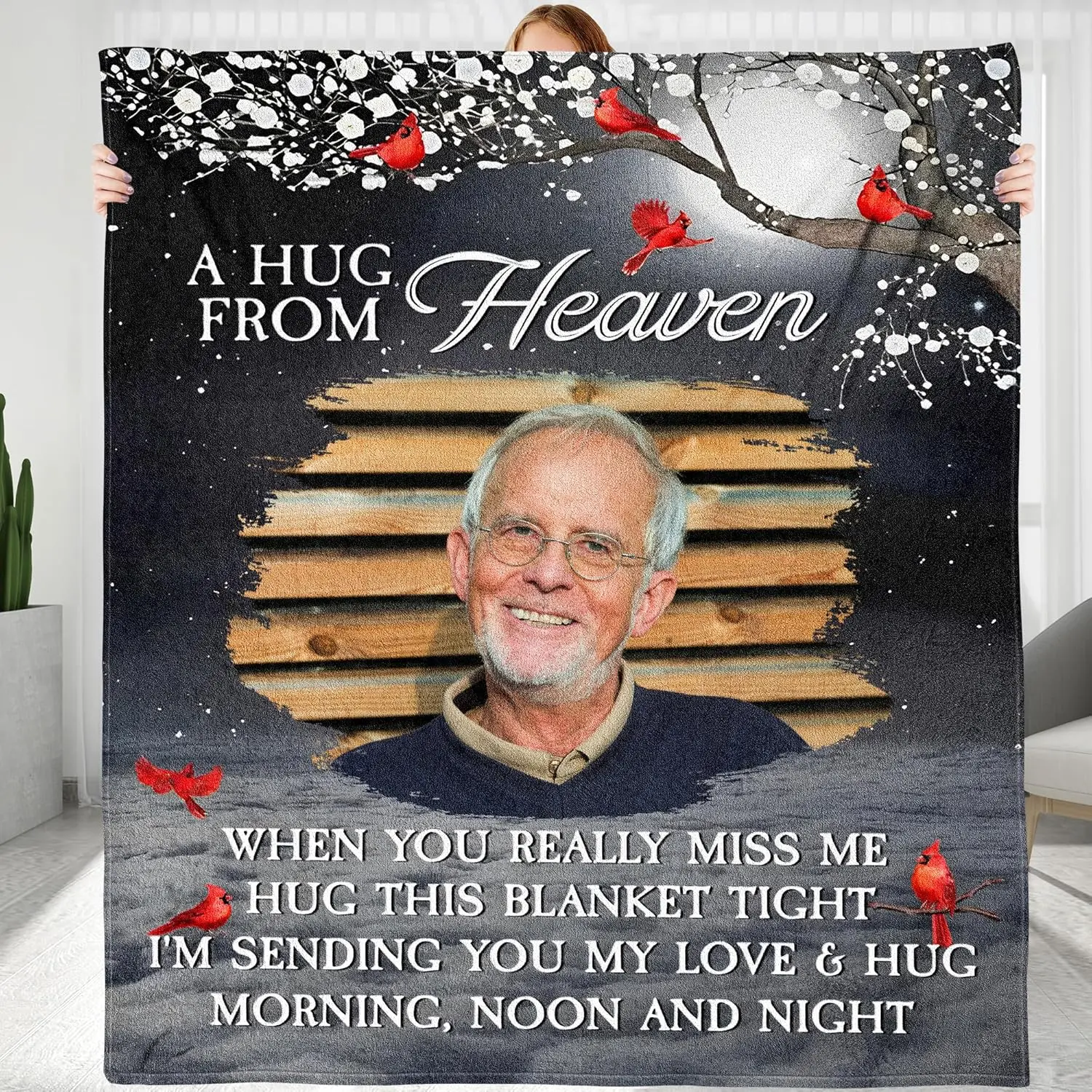 Warm Aesthetic Personalized Custom Photo Memorial Blanket - Hugs from Heaven, Memorial Gift for Family Members