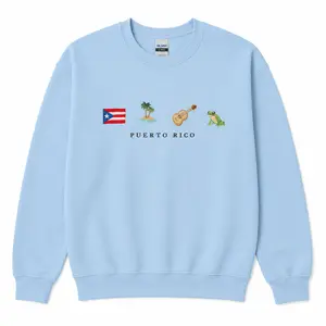 Puerto Rico Embroidery Sweatshirt, Flag, Coquí, Guitar, Island, Palm Tree, Ocean, Latin Salsa Music
