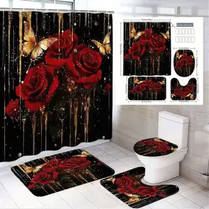 1/4pcs Valentine'S Day Black Waterproof Shower Curtain Set with Red Roses Golden Butterflies & Drips - Matching Black Bath Mats Toilet Seat Cover Hooks for Romantic Bathroom Decor, Starry Dark Background Theme