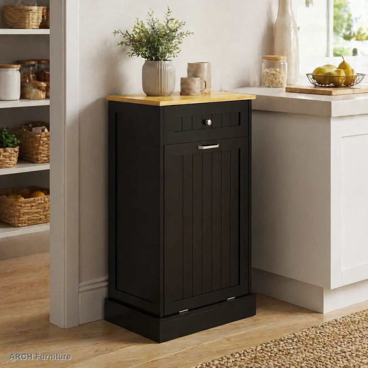 Tilt-Out Kitchen Trash Cabinet with 1 Drawer and 1-Compartment Trash Bin, Black - Easy Installation, Laundry Organization, Home Supply Storage, Home Decoration Household Waste Bin Wood, Kitchen Garbage Can, Trash Can Kitchen