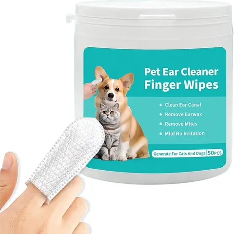 SUNTIRC Dog & Cat Ear Cleaning Wipes - Grooming Products with Finger Design Anti-Slip Grip, Chamomile Natural Ingredients, Anti-Inflammatory Soothing, Gentle Deeper Cleaning, Wax/Debris/Dirt Removal, Deodorizing, 50-Pack