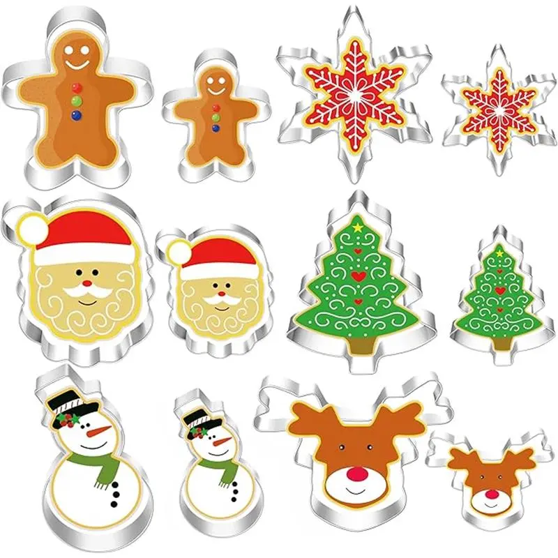 Large Christmas Cookie Cutters,4" Holiday Cookie Cutters Stainless Steel,12pcs Molds with Recipe Instruction,Snowman, Christmas tree, elk, snowflake Set Tin