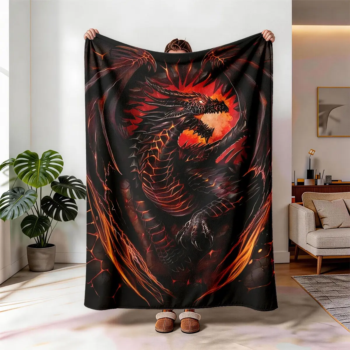 Lava Dragon Fantasy Flannel Blanket, Large Size, Soft and Lightweight, Perfect for All Seasons, Ideal for Bed, Sofa, Office, Camping, Travel