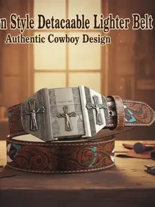 Men's Western-Style Belt with Vintage Denim Buckle, Lighter Case Shaped Like Ace of Spades, Perfect Valentine's Day Gift