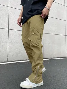 Men's Solid Zipper Pocket Cargo Pants, Street Drawstring Waist Casual Slant Pocket Trousers for Daily Outdoor Wear, Men's Cargo Pants for Spring & Summer & Fall