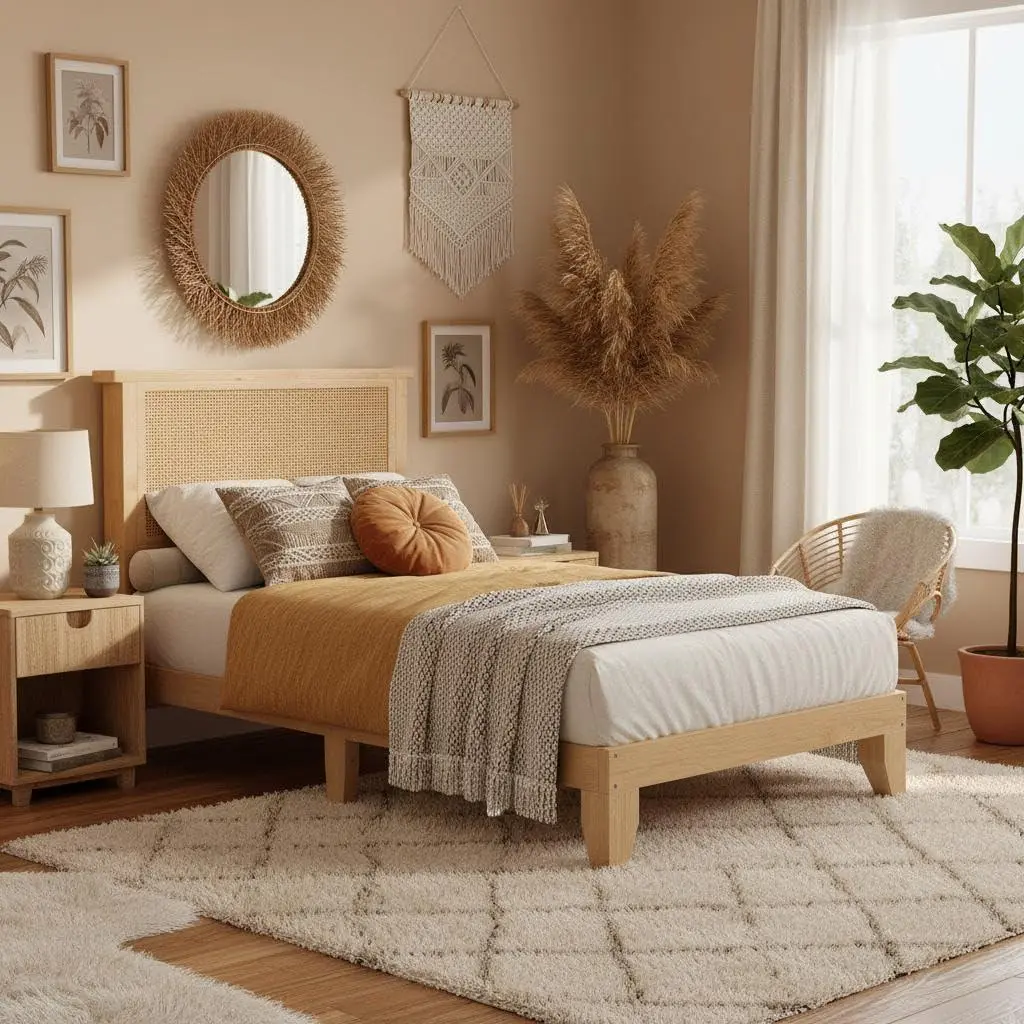 Twin Rattan Bed Frame, Bohemian Rattan Bed Frame Twin with Natural Headboard, LED Lights, No Box Spring Needed