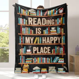 Book Print Flannel Blanket, Letter Print Soft Warm Throw Blanket, Napping Blanket for Home & Office Couch
