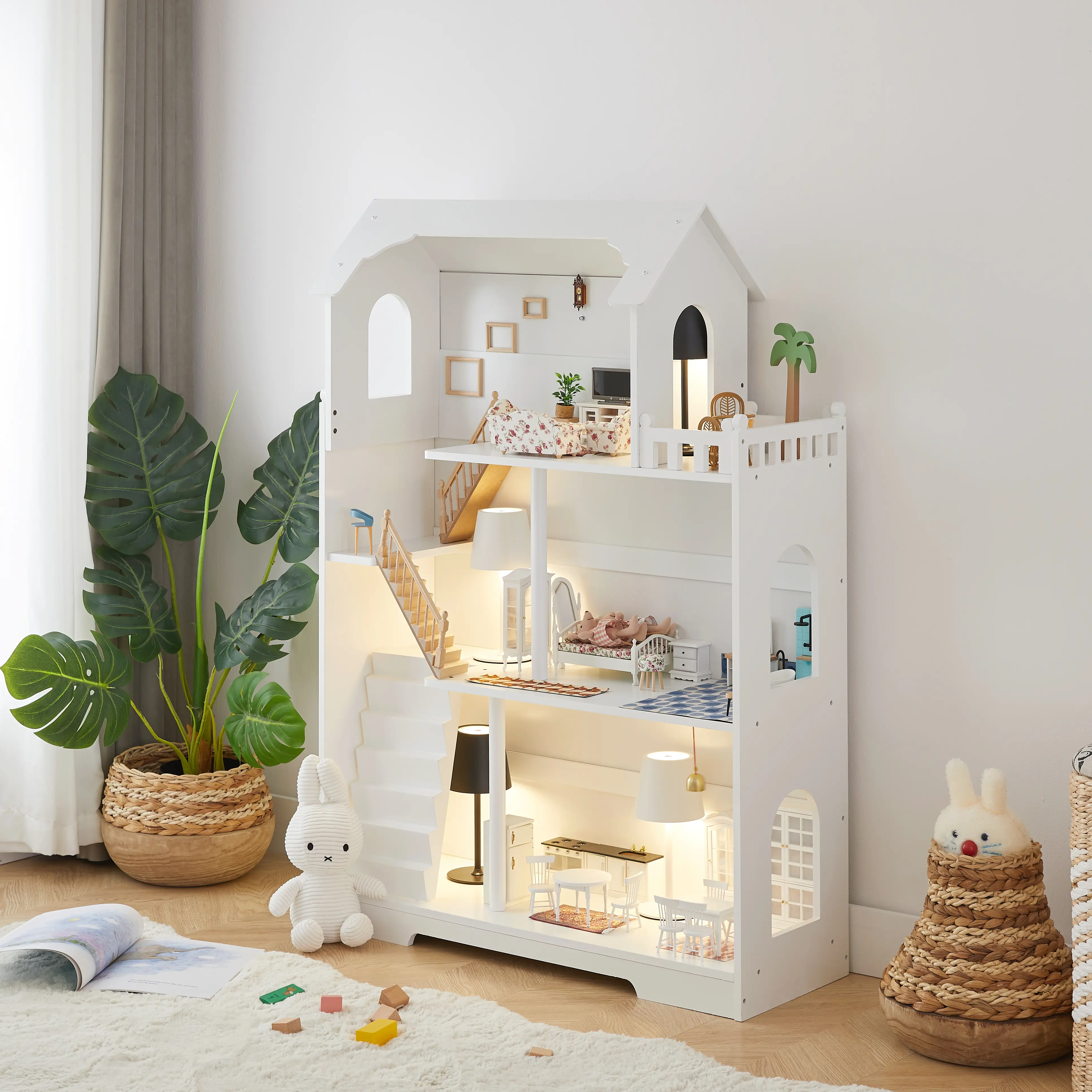 Montessori Wood 3-Story Dollhouse Bookshelf Organizer - Engineered Wood Castle Display Cabinet with Solid Pillars, Arched Doors, Rooftop Patio, 116x29x81cm White Kids' Playroom Storage Furniture, CPC Certified