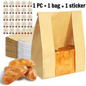 50pcs Self-Made Bread Paper Bags, Acidity Bread Toast Packaging Storage with Window Cowhide Paper Bread Bag, Baked Bread Gift Bag with Stamp Stickers