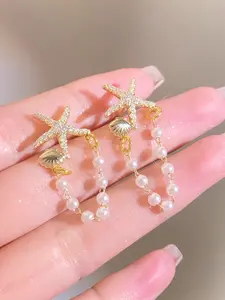 Bohemian Starfish Earrings, Earrings Jewelry, Faux Pearl Beach Vibes Dangles, Cute Summer Vacation Accessory, Perfect Gift for Beach Lovers