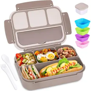 Adult Lunch Box, Containers for Adults with 4 Compartments, Food Container with Utensils, Sauce Jar, Muffin Liners, 40 Oz, Microwave & Dishwasher Safe, Brown