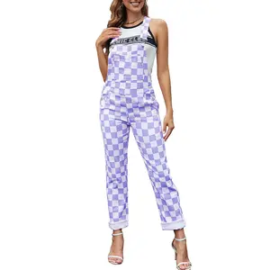 ODEFOU Women's Checkered Stretch Adjustable Sleeveless Denim Bib Overalls - All-Seasons, Pocketed, Cute Casual Clothes, Christmas Jumpsuit