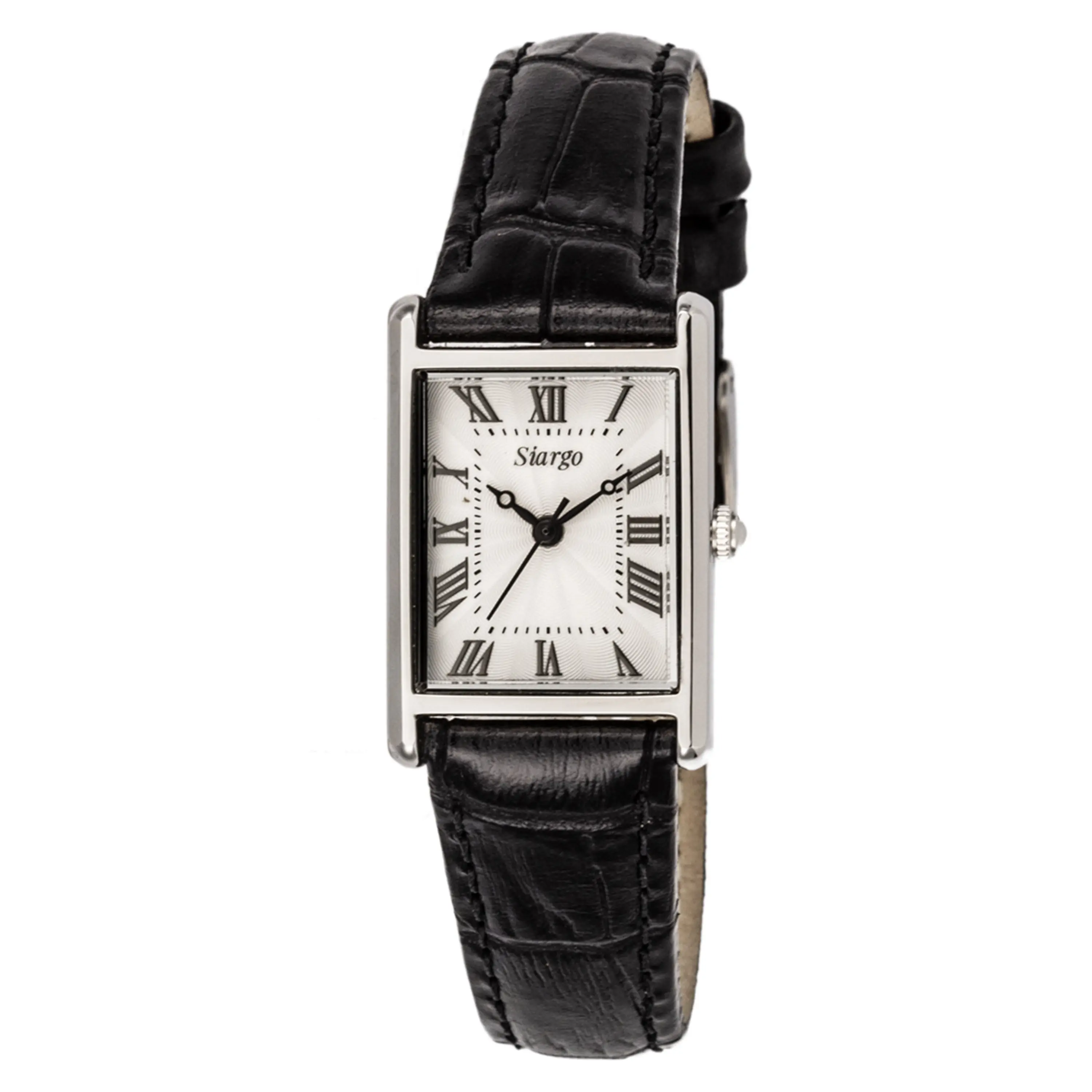 SIARGO Fennel 19mm Petite Watch with Guilloché Brass Case, Sapphire Glass, Cowhide Leather Strap, and Swiss Ronda Quartz Movement (Silver & Casual Black)