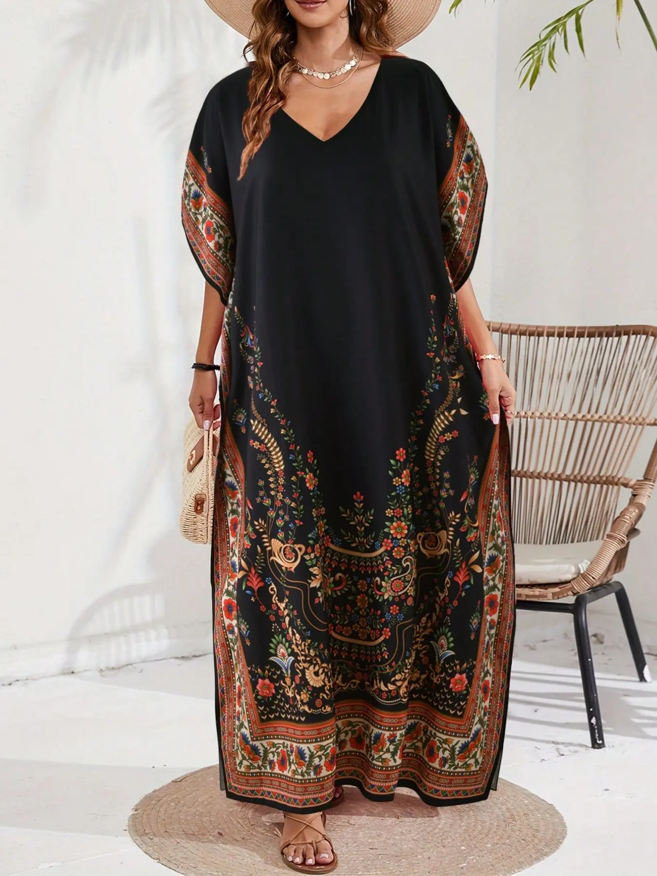 Women's Middle Eastern Muslim Kaftan Boubou Robe, Caftans Casual Summer Elegant V-Neck Floral Print Loose Maxi Long Split Beach Vacation Dress, Islamic Clothing Modesty Clothes, Muslim Outfits
