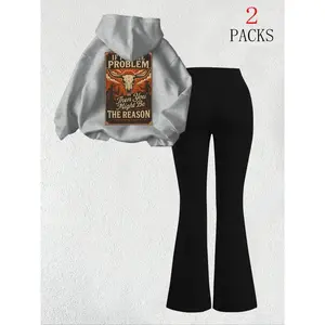 Women's Warm Sweatshirt Set + Slim Fit Flare Pants, Casual Winter, Cow Head Letter Print, Kangaroo Pocket Design