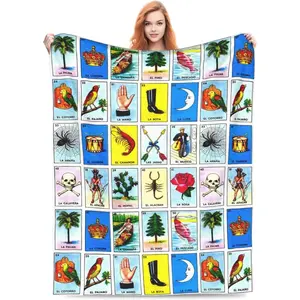 Mexican Loteria Cards Flannel Throw Blanket, Bed Blanket for All Seasons Winter Bedding Blankets for Sofa Bedroom Home Decorstress relief blanket