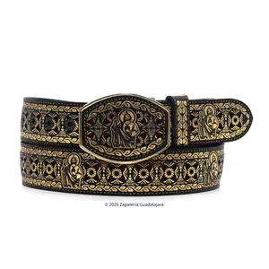 Men's Western 2" Laser San Judas Golden Leather belt-M312