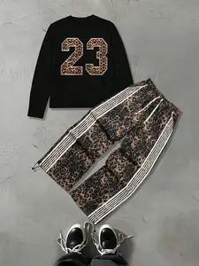 Unisex Leopard Print Street Style Sweatshirt Set, Long Sleeve Round Neck Top & Pants Two-Piece, Comfortable Fall Winter Wear