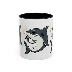 Smoking Shark Accent Coffee Mug – Funny Retro Shark Cartoon Coffee Cup (11/15 oz)