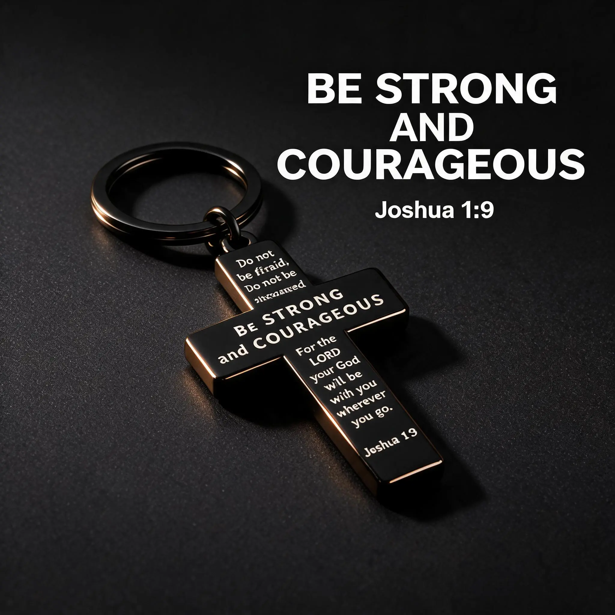 Black Stainless Steel Cross Keychain for Men - Engraved Joshua 1:9 Reminder, Strong & Fearless Bible Verse, Faith Motifs, Scratch-Resist Steel Christian Gift for Dad, Baptism Birthday Christmas Present