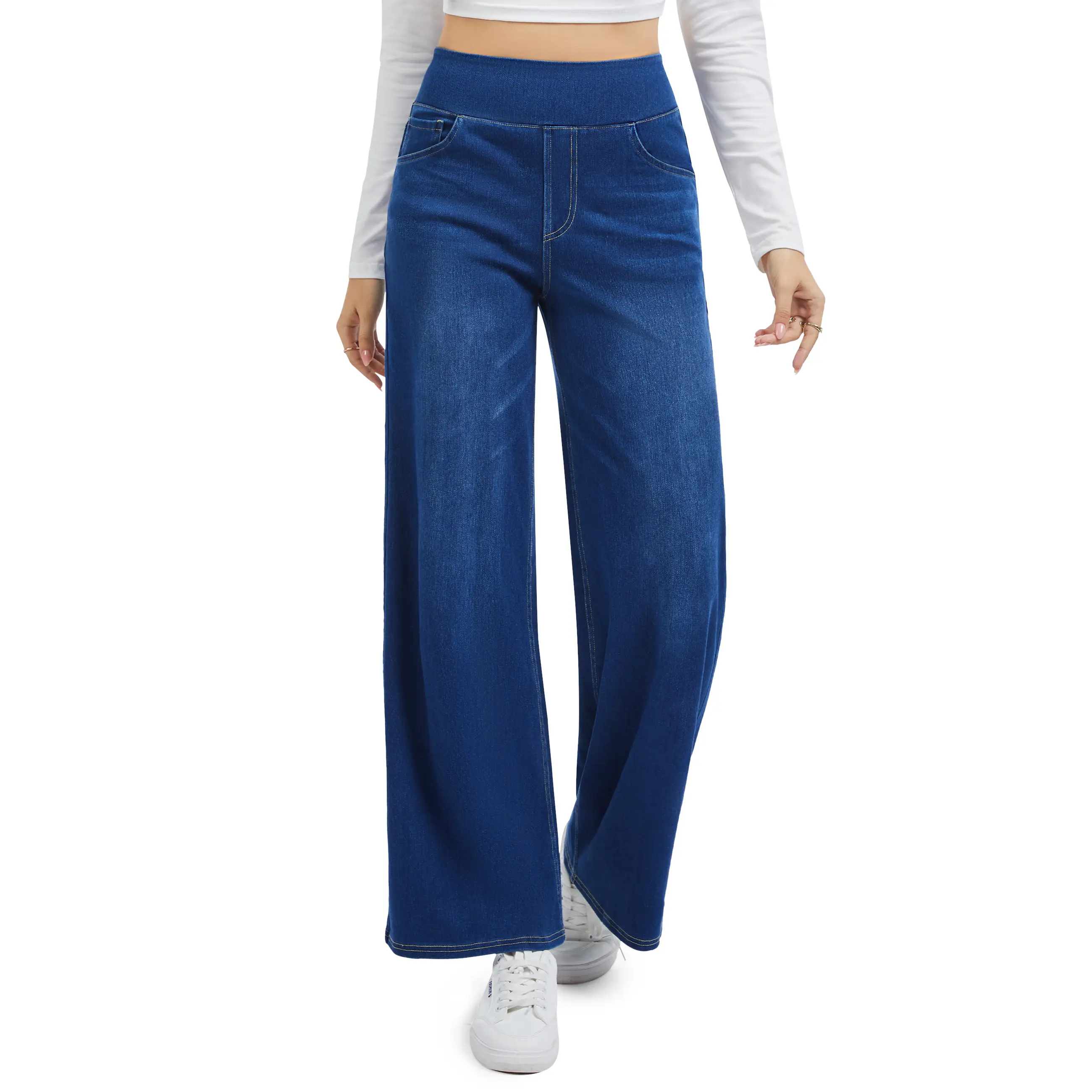 MAGCOMSEN Elastic High Waist Wide Leg Stretchy Jeans for Women Pull On Baggy Fit Jeans Tummy Control Trousers Casual Work Wear FallFreshness Outdoorfun
