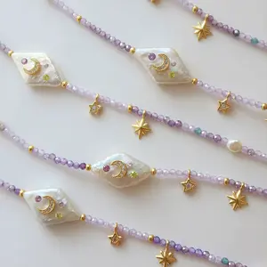 Natural Baroque Moon and Star Purple Beaded Chain Zircon Necklace Fresh and Elegant Simple Necklace, Bead Embellished Necklaces, Moon Element Necklaces