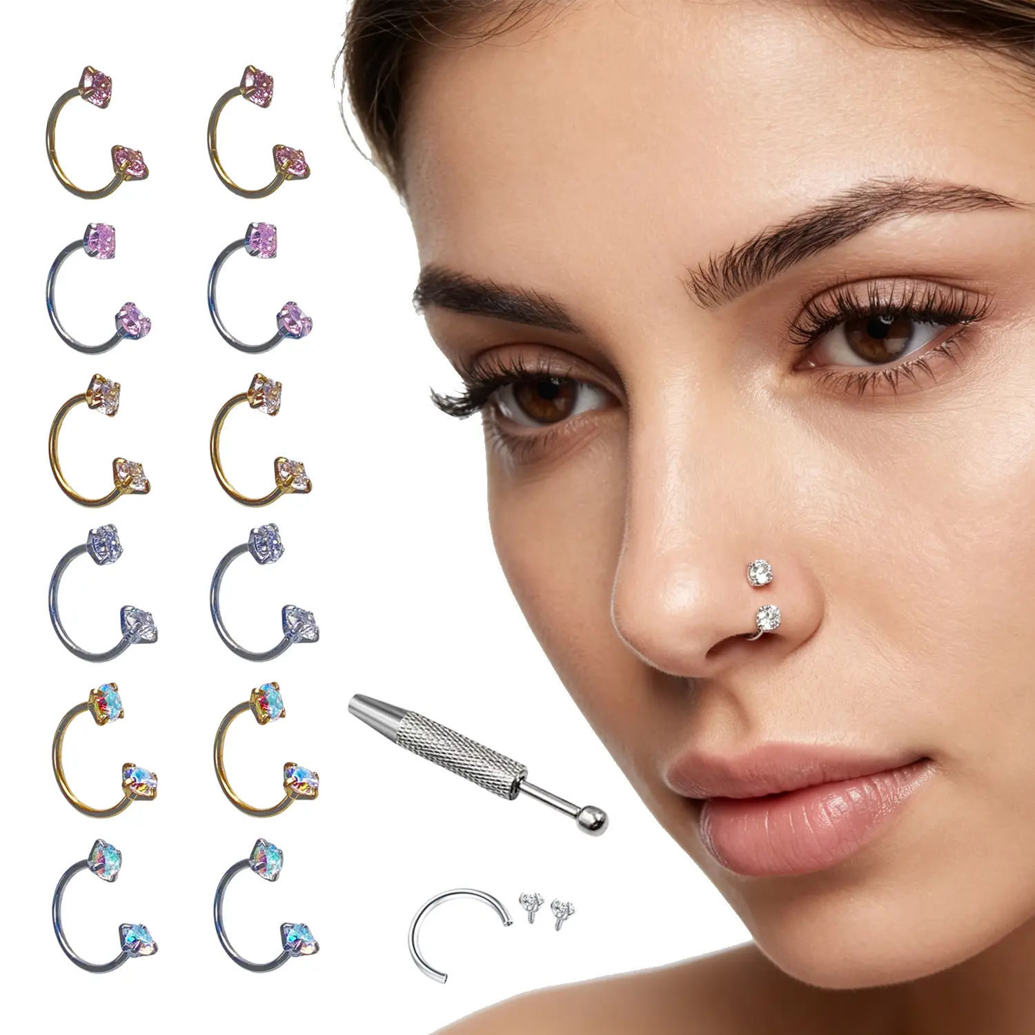 2PCS 18G/20G Titanium Horseshoe Nose Ring Hoops, | Free Ball Grabber Tool Included