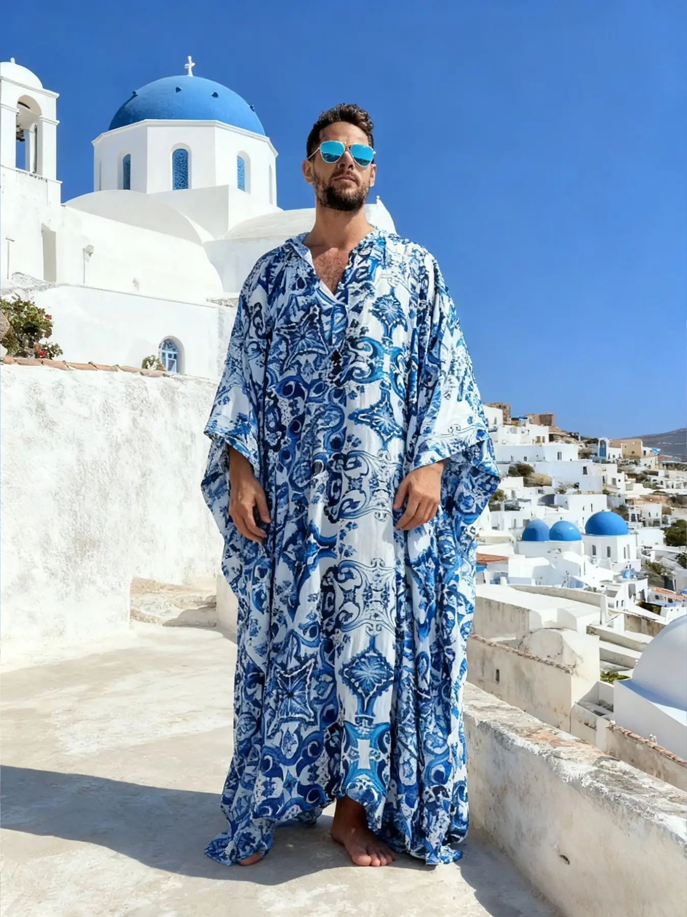 Men's Blue Print Long Robe, Loose Fit Casual Vacation Style, Polyester Fabric, Comfortable Breathable, V-Neck Boho Beach Cover-Up, Swimsuit Cover Up, Swimwear Cover Up, Beach Coverup, Swimsuit Coverups, Beachwear Cover Up, Bathing Suit Coverup