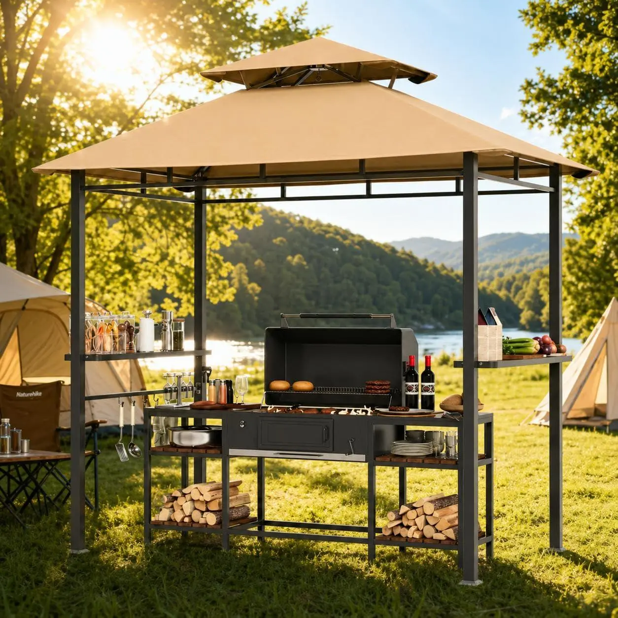 GARVEE 8x5 ft Metal Frame BBQ Grill Gazebo Outdoor Patio - Double Roof Outdoor Gazebo, 2 Side Shelves, Tool Hooks, Weather-Resistant Backyard Cooking Patio Shelter, Khaki