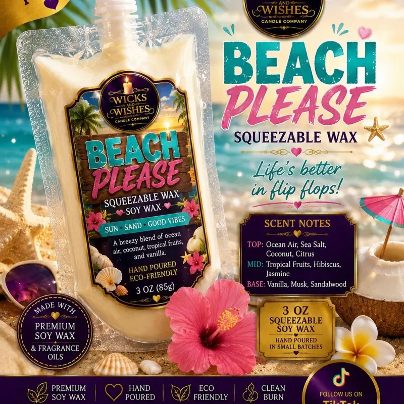 Beach Please 3 oz Squeezable Candle Wax, Home Decor Candle Accessory