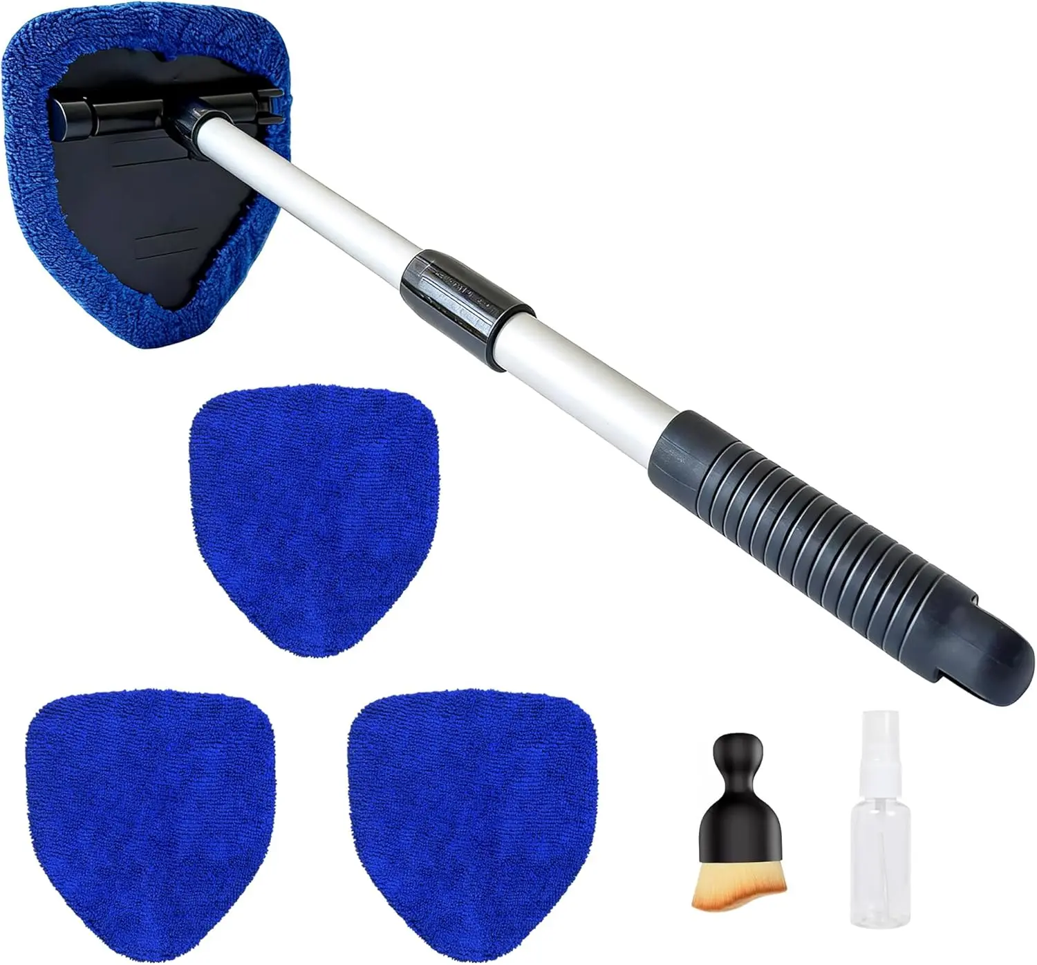 Microfiber Car Windshield Cleaning Tool with Extendable Handle,Car Defogging Glass Cleaning Brush with 4 Reble Microfiber Pads 1 Spray Bottle and 1 Car Dust Removal Brush. (Blue)