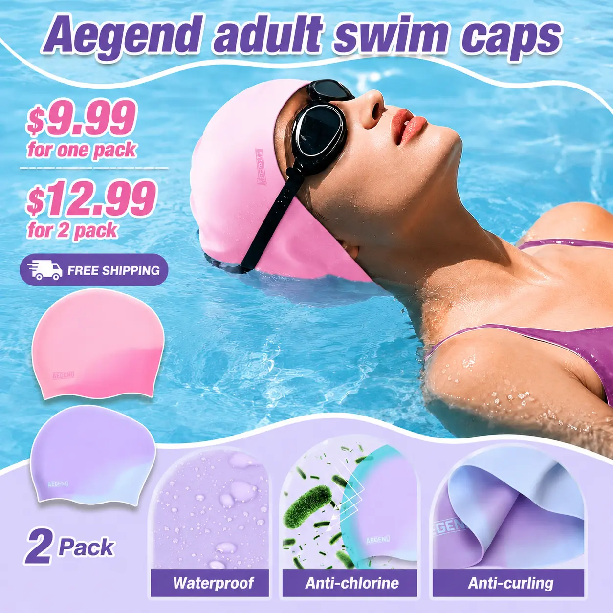 Aegend Unisex High-Elasticity Non-Toxic Braided Odorless Silicone Swimming Cap - Asymmetrical Ergonomic 3D Snug Fit, Durable, Tear-Resistant, All Seasons, No Deformation, Long Hair Space, Easy On/Off for Adults (4 Colors)