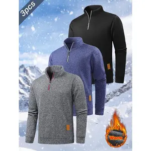 3pcs men's autumn and winter stand up collar quarter zipper long sleeved pullover with warm wool lining, suitable for daily leisure and sports runningRAIMENTRY