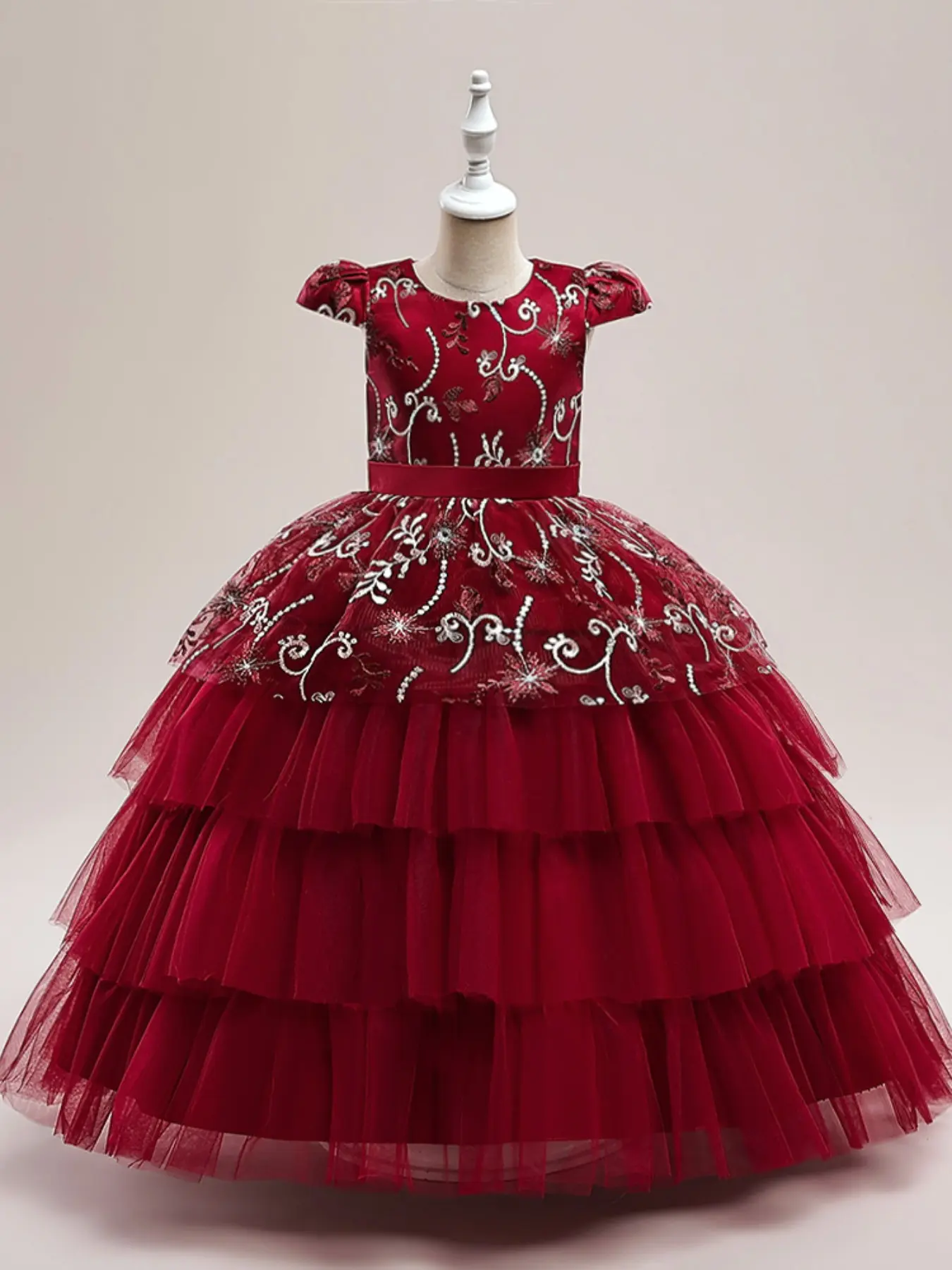 8-12Y Maroon Kids Clothes Bow Embroidery Flower Girls Princess Long Ball Gown Frock Embroidered Tulle Dress Children Formal Evening Party Banquet Pageant Prom Host Cocktail Dress Quinceaneras Dresses
