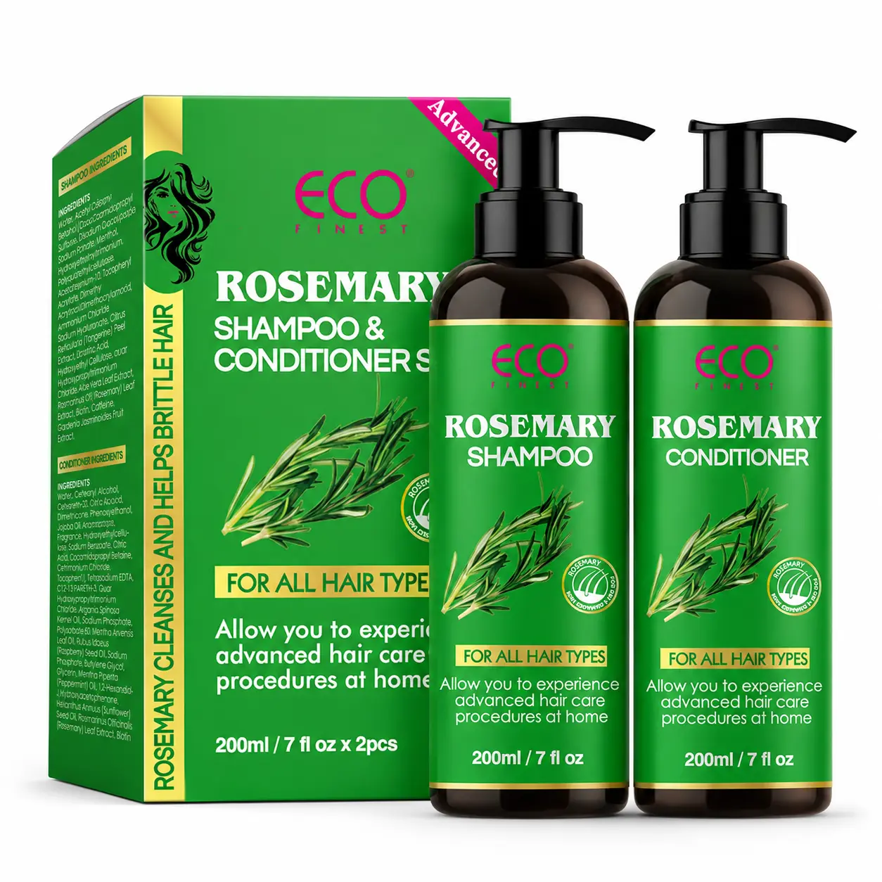 ECO FINEST Biotin-Infused Rosemary Shampoo & Conditioner Kit, Scalp Care & Hair Strengthening Formula for Smooth, Healthy Hair, 200ml x 2