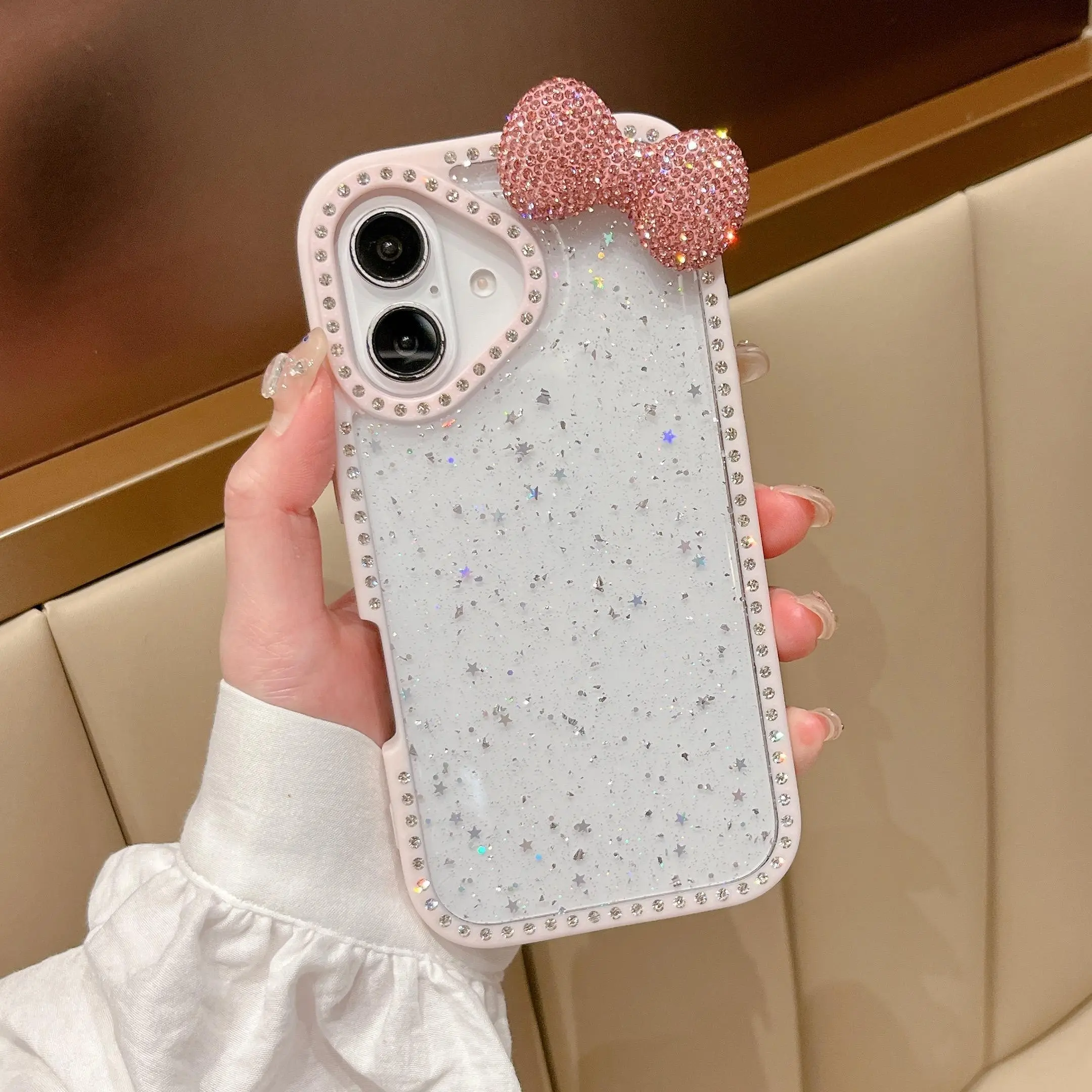 Double-Sided Rhinestone Phone Case Cover, HD Star Sequins Glitter Frame, Water Drill Bowknot, Fashion Luxury for iPhone 13/14/15/16/17 Pro/plus/pro Max