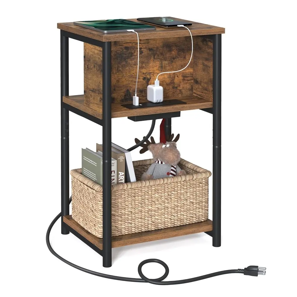 VASAGLE Side Table with Charging Station, 3-Tier End Table with USB Ports and Outlets, Nightstand for Living Room, Bedroom, 11.8 x 13.4 x 22.8 Inches, Plug-in Series